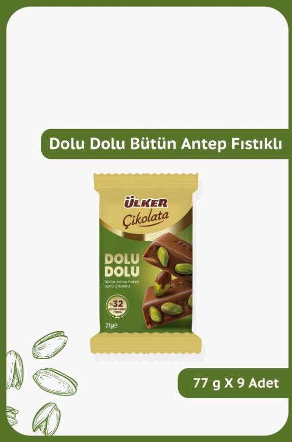 DOLU DOLU %32 Bütün Antep Fıstıklı Sütlü Çikolata - 77 gram - 9 Adet - Image 1