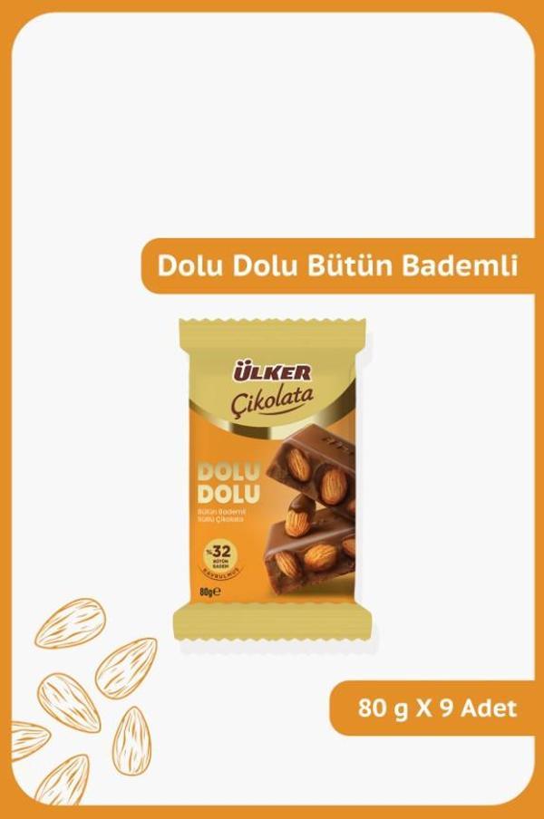 DOLU DOLU %32 Bütün Bademli Sütlü Çikolata - 80 gram - 9 Adet - Image 1
