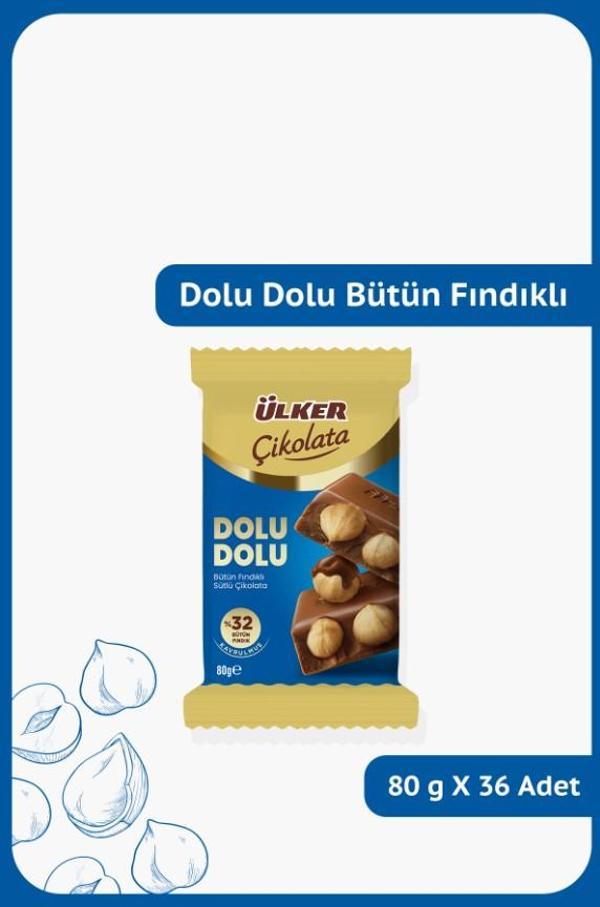 DOLU DOLU %32 Bütün Fındıklı Sütlü Çikolata - 80 gram - 36 Adet - Image 1