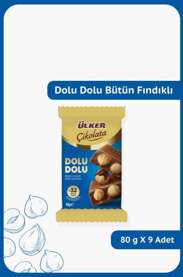 DOLU DOLU %32 Bütün Fındıklı Sütlü Çikolata - 80 gram - 9 Adet - Image 1