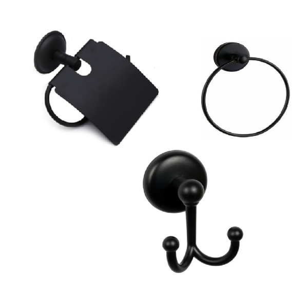 MK Yapışkanlı Siyah Üçlü Banyo Aksesuar Seti - Yuvarlak Havluluk - Banyo Askısı - Kapaklı Tuvalet Kağıtlık - Image 1