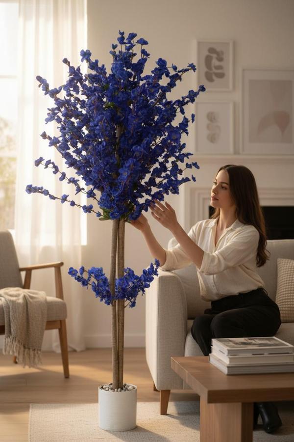 Beyaz Renkli Saksıda 150 cm Yapay Bahardalı Ağacı Yoğun Yaprak - Image 1