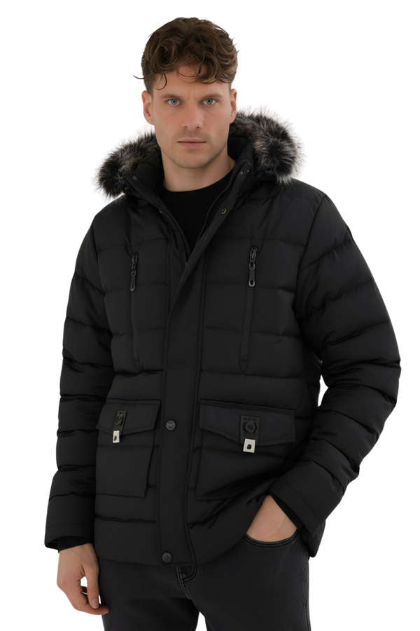 Erkek Siyah Erkek Outdoor Su Geçirmez Kapüşonlu Kışlık Kaban – Rüzgar ve Yağmura Dayanıklı Mont&Kaban - Image 1