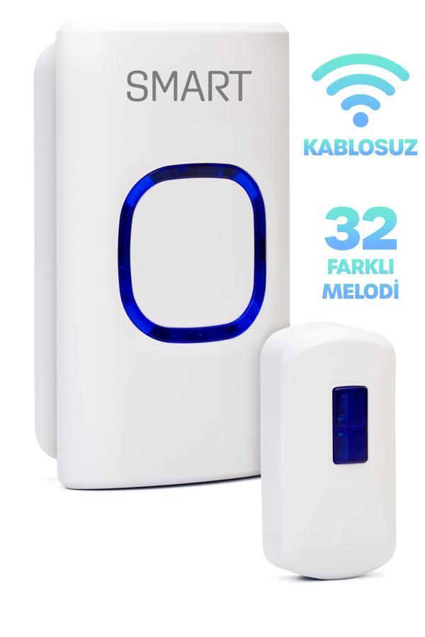 Kablosuz Uzaktan Kumanda Kapı Zili Işıklı Uzun Menzilli Pilli 32 Farklı Melodili Beyaz 9389 - Image 1