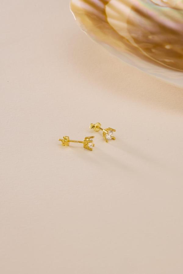 925 Ayar Gümüş Gold Kaplama 4 mm Pırlanta Montür Tektaş Küpe - Image 1