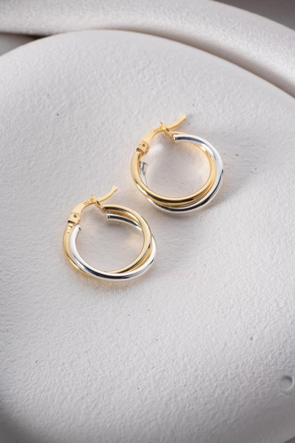 925 Ayar Gümüş Çift Renk Halka Tasarım Şarnel Küpe - Image 1