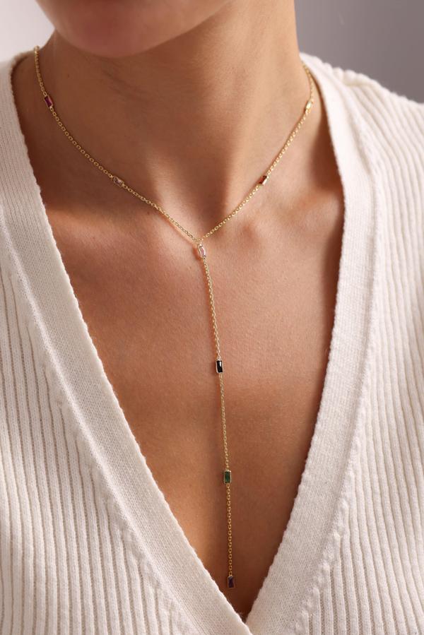 925 Ayar Gümüş Gold Kaplama Mix  Baget Taşlı Sarkıt Zincirli  Kolye - Image 1