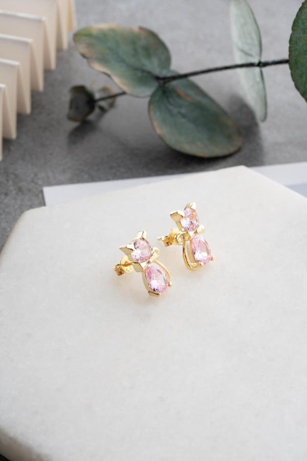 925 Ayar Gümüş Gold Kaplama Pembe Zirkon Taşlı Kedi Küpe - Image 1