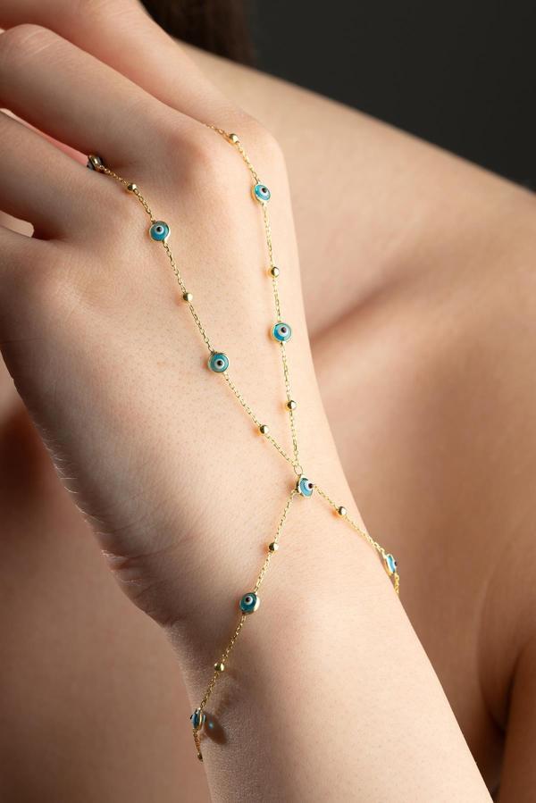 925 Ayar Gümüş Gold Kaplama Minik Toplu Nazar Göz Şahmeran Bileklik  - Image 1