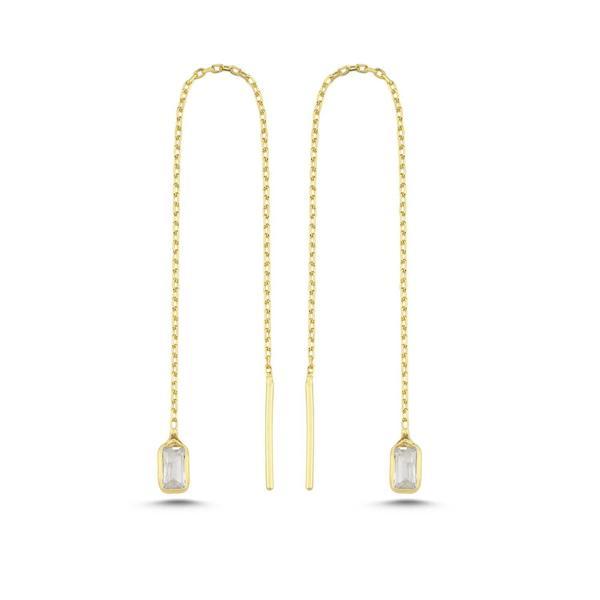 925 Ayar Gümüş Gold Kaplama Minik Baget Taşlı Zincir Küpe - Image 1