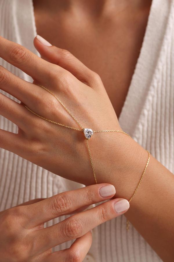 925 Ayar Gümüş Gold Kaplama Beyaz Taşlı Kalp Şahmeran Bileklik  - Image 1