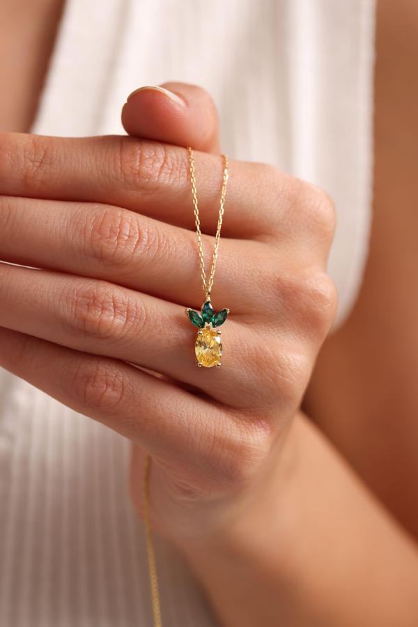 925 Ayar Gümüş Gold Kaplama Sitrin Taşlı Ananas Kolye - Image 1