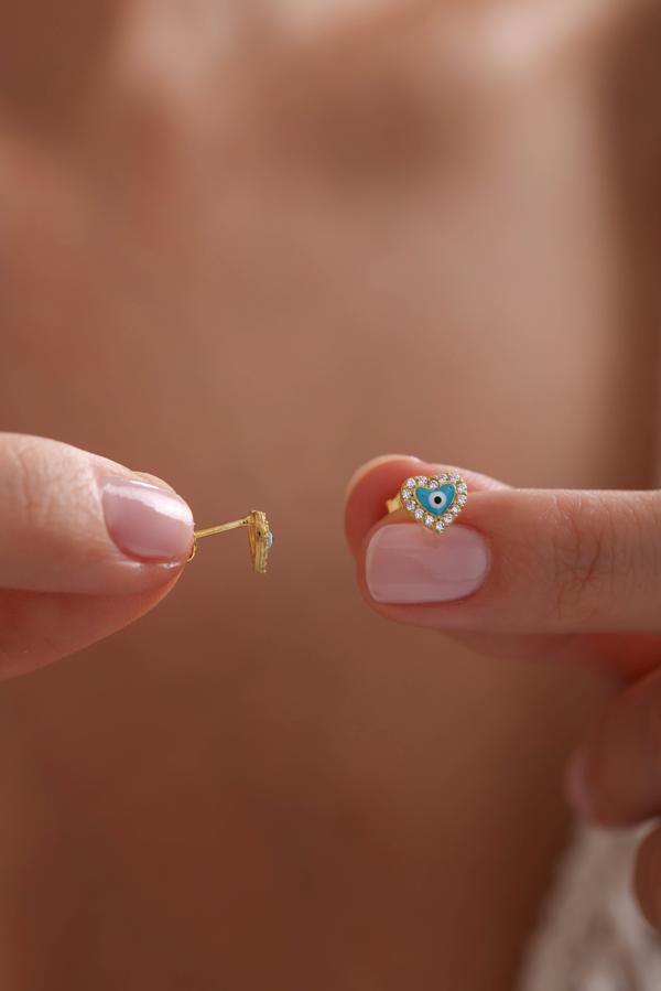 925 Ayar Gümüş Gold Kaplama Minik Turkuaz Mineli Nazar Kalp Küpe - Image 1
