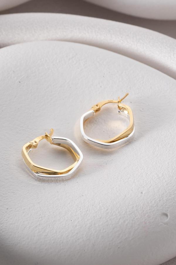 925 Ayar Gümüş Çift Renk Köşeli Beşgen Şarnel Küpe - Image 1