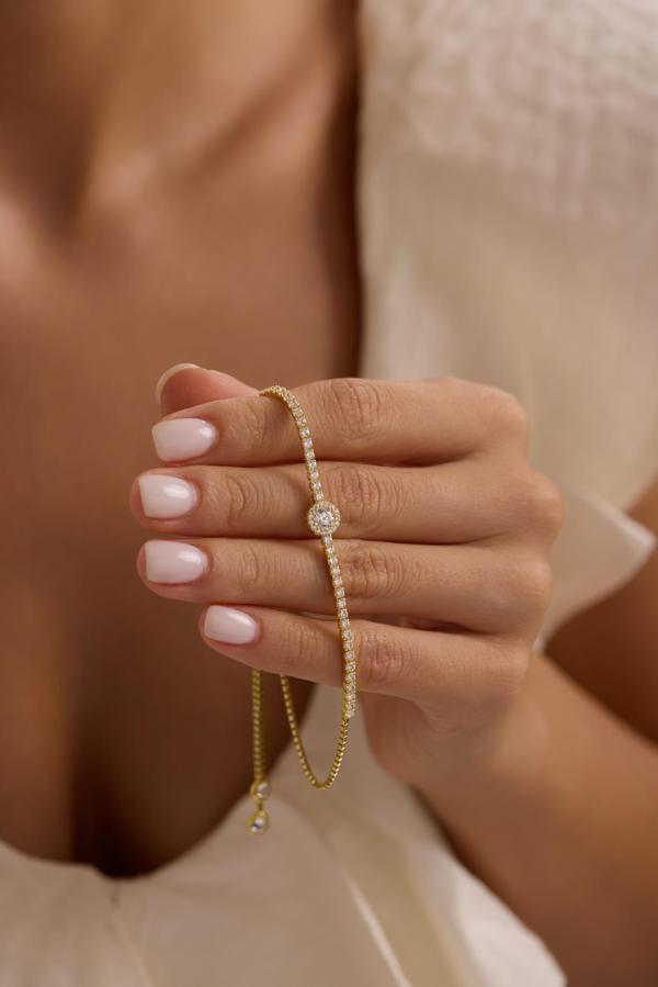 925 Ayar Gümüş Gold Kaplama Ayarlanabilir Asansörlü Su Yolu Tektaş Elmas Montür Bileklik - Image 1