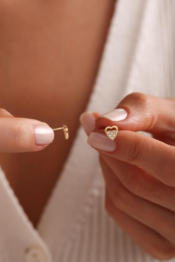 925 Ayar Gümüş Gold Kaplama Minik Çift Kalp Küpe - Image 1