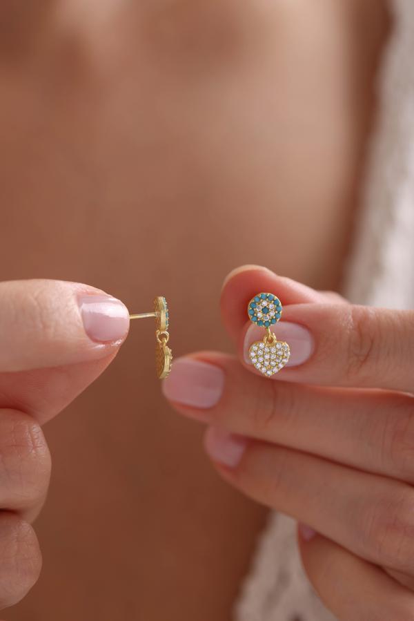 925 Ayar Gümüş Gold Kaplama Minik Turkuaz Nazar Sallantılı Kalp Küpe - Image 1