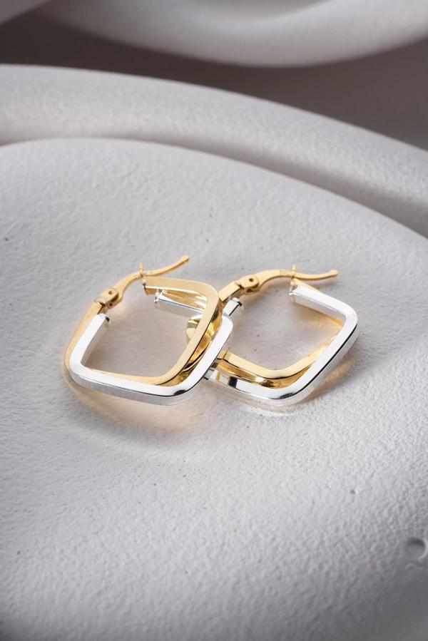 925 Ayar Gümüş Çift Renk Köşeli Kare Model Şarnel Küpe - Image 1