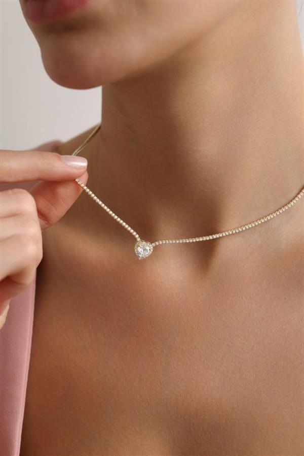 925 Ayar Gümüş Gold Kaplama Beyaz Taşlı Suyolu Kolye - Image 1