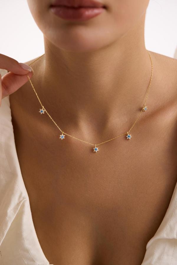 925 Ayar Gümüş Gold Kaplama Aquamarin Taşlı Minimal Çiçek Şans Kolye - Image 1