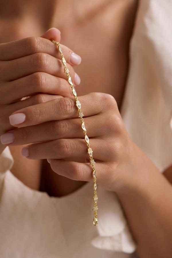 925 Ayar Gümüş Gold Kaplama Fatma ana Eli , Yıldız ve Ay Figürlü Bileklik - Image 1