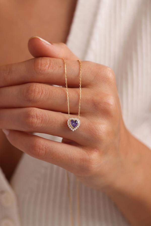 925 Ayar Gümüş Gold Kaplama Mor Taşlı Kalp Kolye - Image 1