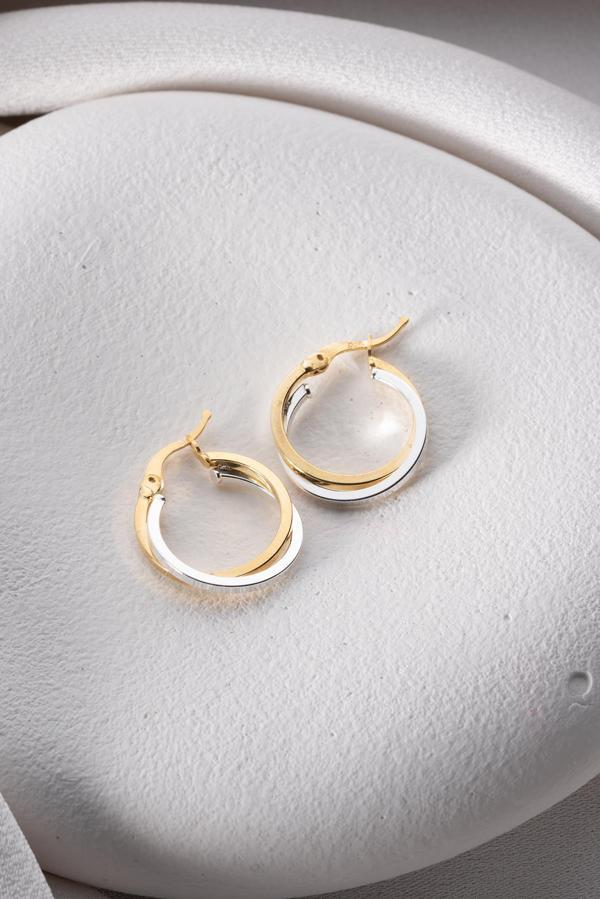 925 Ayar Gümüş Çift Renk Köşeli Sarmal Model Halka Küpe - Image 1