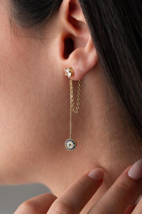 925 Ayar Gümüş Gold Kaplama 5 Mm Tektaş Sallantılı Zincir Nazar Küpe - Image 1