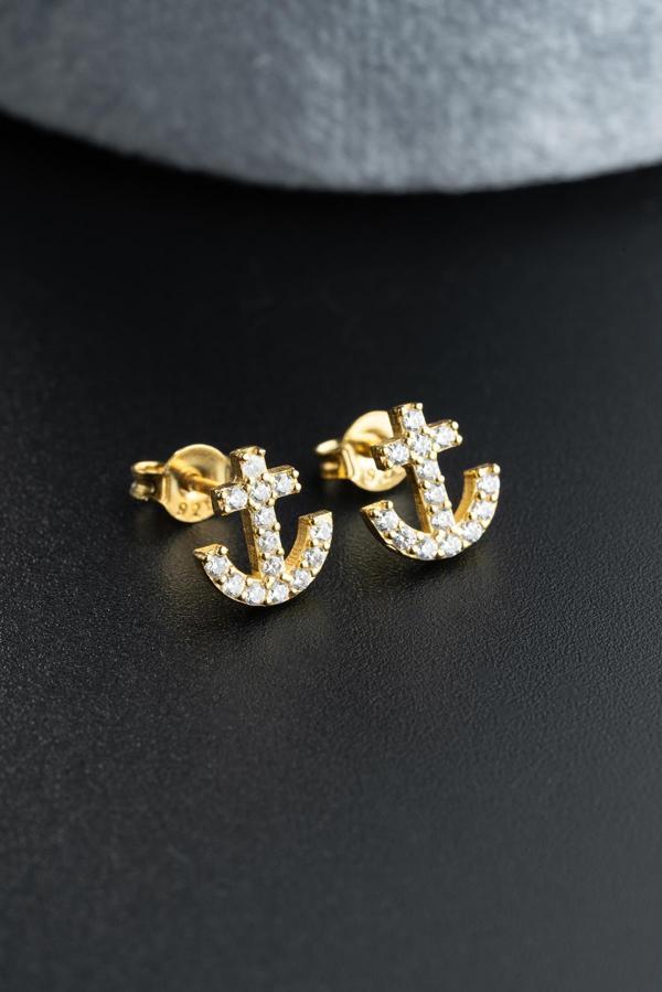 925 Ayar Gümüş Gold Kaplama Minik Zirkon Taşlı Gemi Çapası Küpe - Image 1