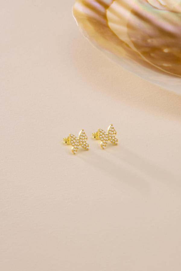 925 Ayar Gümüş Gold Kaplama Minik zirkon Taşlı Kelebek Küpe - Image 1