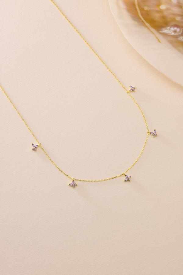 925 Ayar Gümüş Gold Kaplama Mor Taşlı Şans Kelebek Kolye - Image 1