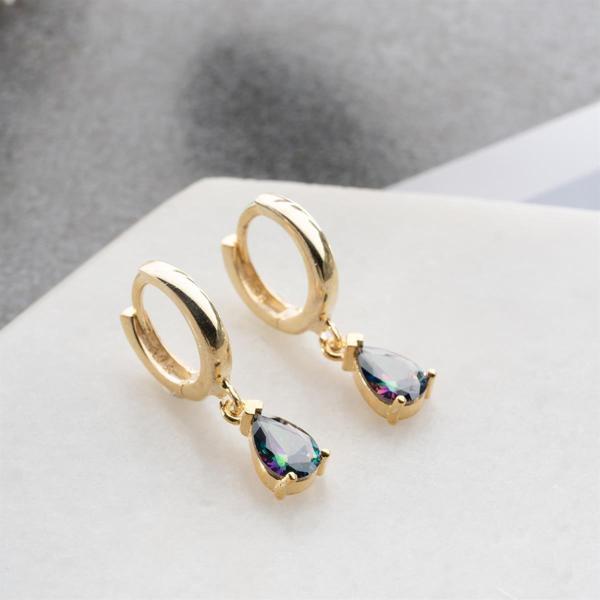 925 Ayar Gümüş Gold Kaplama Sallantılı Damla Mistik Topaz Taşlı Küpe - Image 1