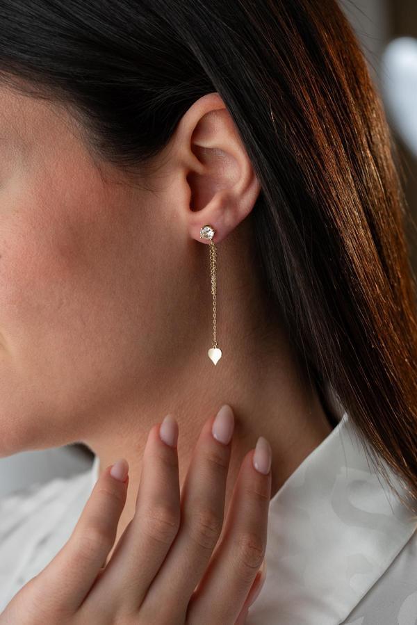 925 Ayar Gümüş Gold Kaplama 5 Mm Tektaş Sallantılı Zincir Sade Kalp Model Küpe - Image 1