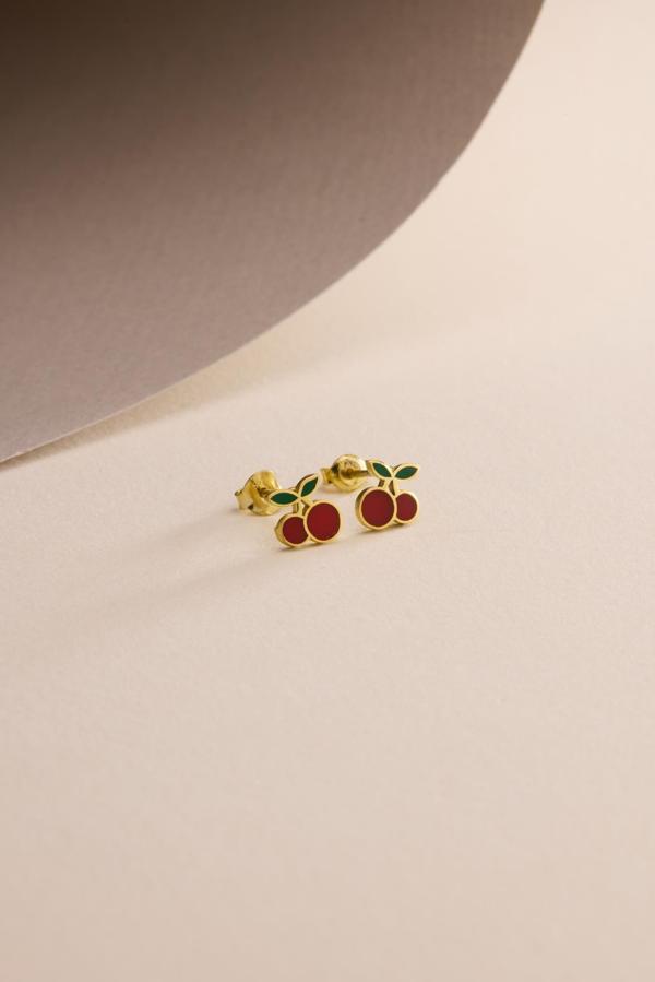 925 Ayar Gümüş Gold Kaplama Minik Kiraz Küpe - Image 1