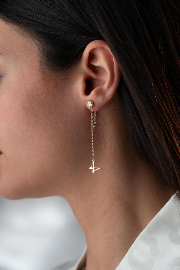 925 Ayar Gümüş Gold Kaplama 5 Mm Tektaş Sallantılı Zincir Sade Kelebek Küpe - Image 1