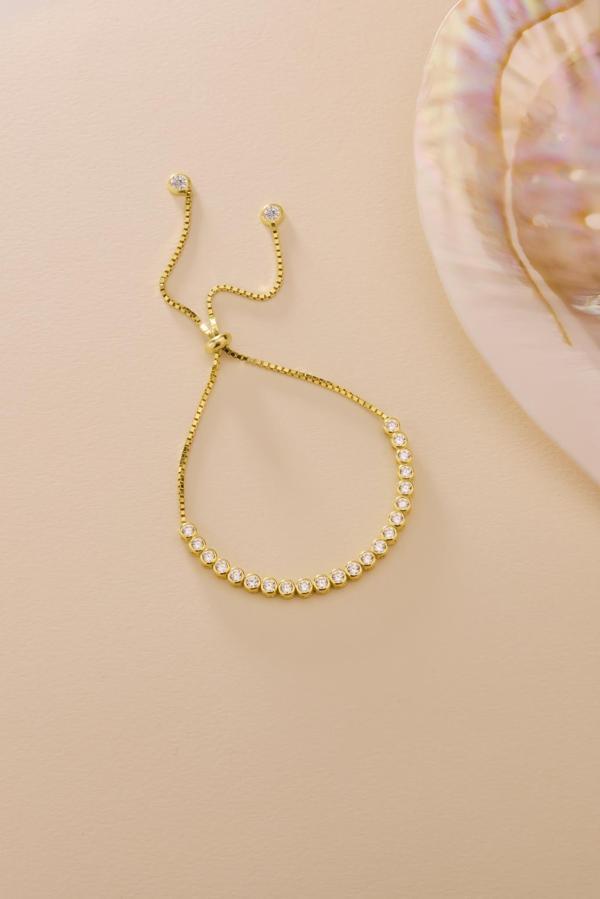 925 Ayar Gümüş Gold Kaplama Ayarlanabilir Asansörlü Su Yolu 4 mm Zirkon Taşlı Bileklik - Image 1