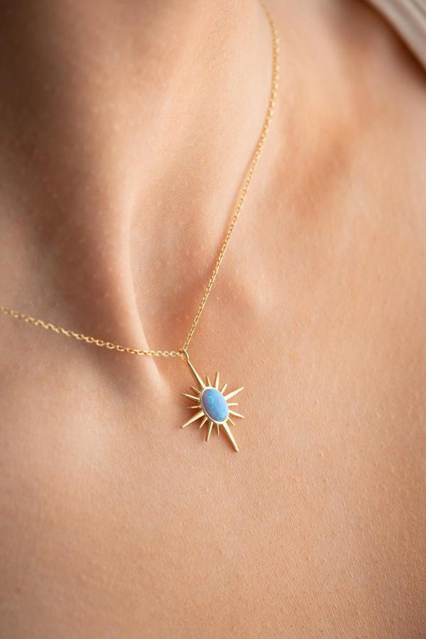 925 Ayar Gümüş Gold Kaplama Opal Taşlı Kutup Yıldızı Kolye - Image 1