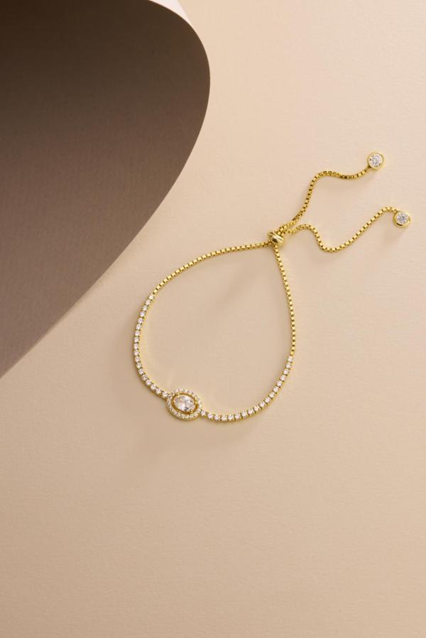 925 Ayar Gümüş Gold Kaplama Ayarlanabilir Asansörlü Su Yolu Damla Tektaş Model Bileklik - Image 1