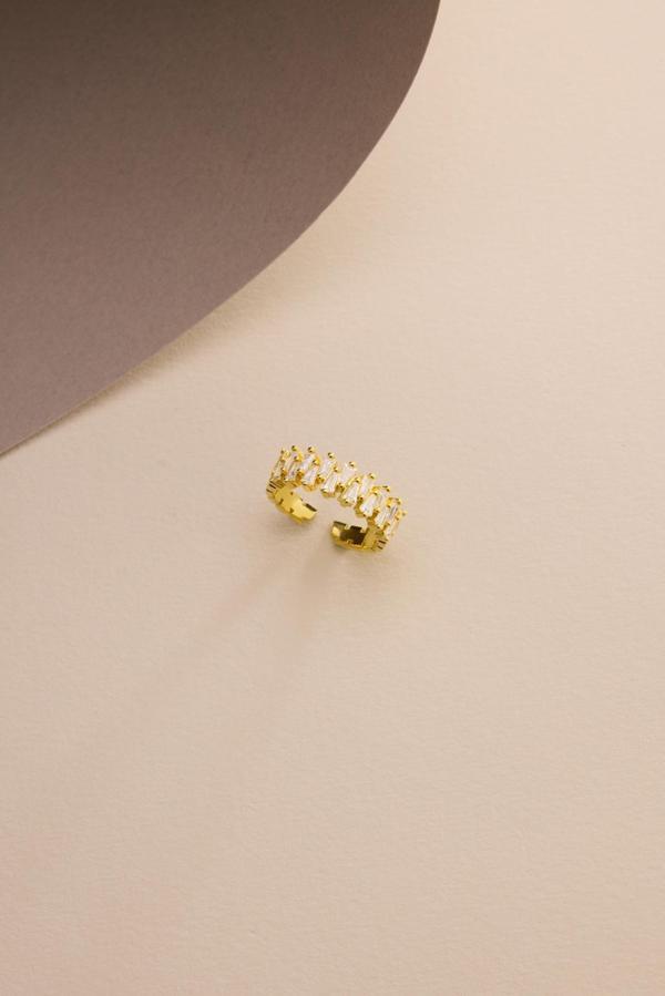 925 Ayar Gümüş Ayarlanabilir Gold Kaplama Baget Taşlı Desenli Yüzük - Image 1