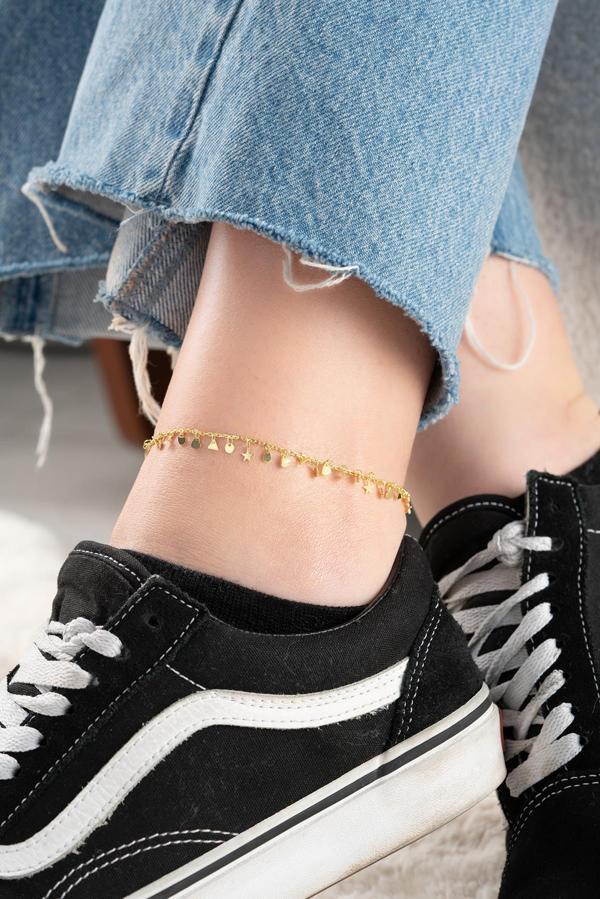 925 Ayar Gümüş Gold Kaplama Kalp Yıldız Damla Üçgen Figürlü Halhal - Image 1