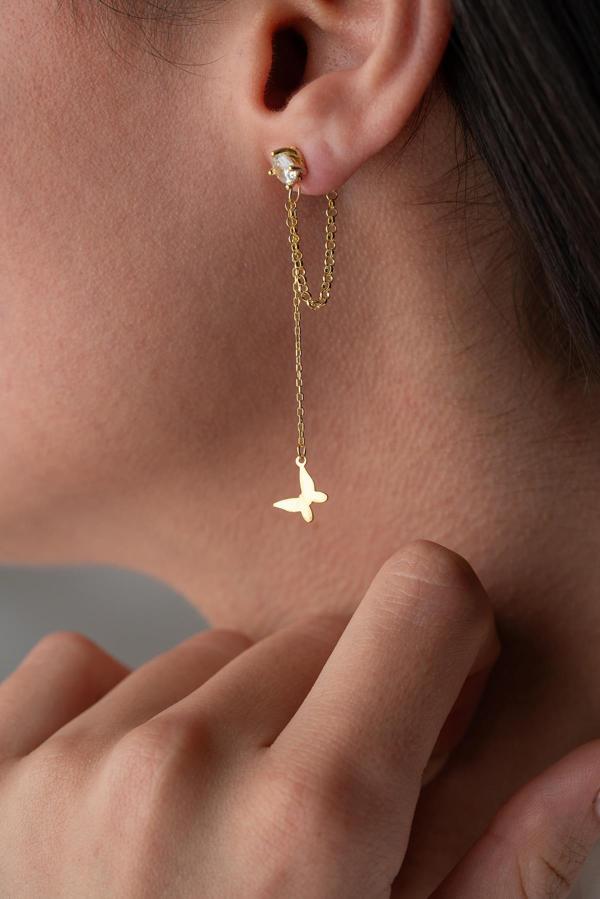 925 Ayar Gümüş Gold Kaplama 5 Mm Tektaş Sallantılı Zincir Taşsız Kelebek Küpe - Image 1