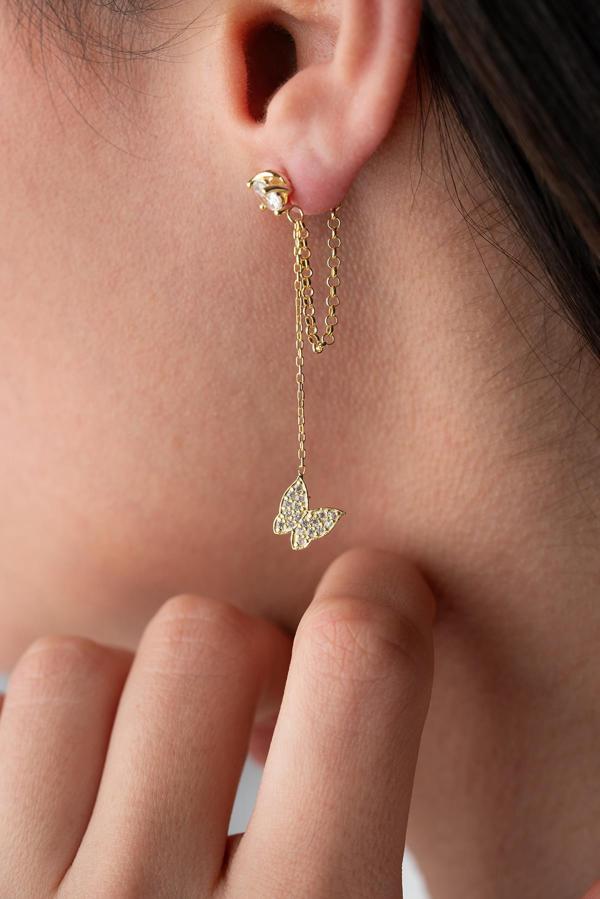 925 Ayar Gümüş Gold Kaplama 5 Mm Tektaş Sallantılı Zincir Zirkon Taşlı Kelebek Küpe - Image 1