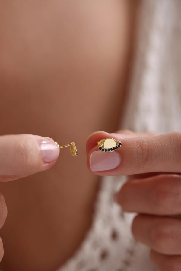 925 Ayar Gümüş Gold Kaplama Minik Mavi Zirkon Taşlı Gezegen Küpe - Image 1