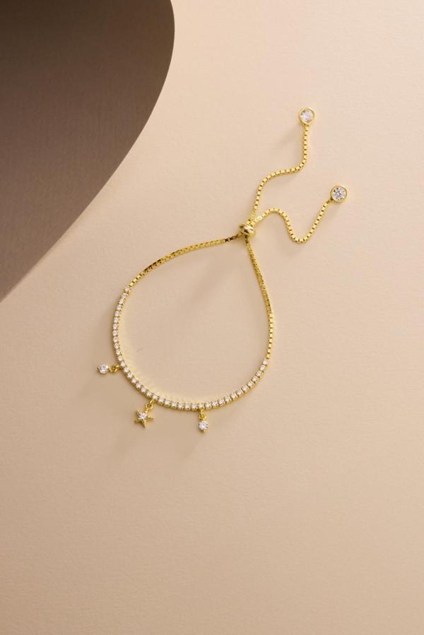 925 Ayar Gümüş Gold Kaplama Ayarlanabilir Asansörlü Su Yolu Sallantı Yıldız Model Bileklik - Image 1