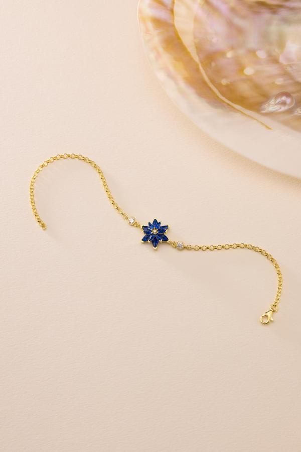 925 Ayar Gümüş Gold Kaplama Doç Zincirli Mavi Taşlı Lotus Çiçeği Bileklik - Image 1