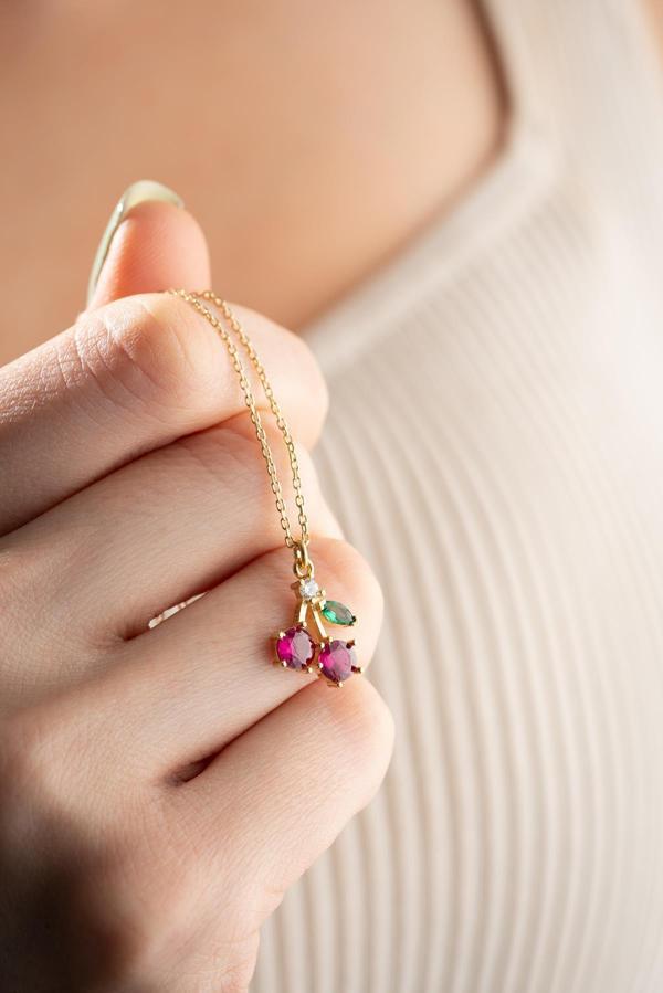 925 Ayar Gümüş Gold Kaplama Kiraz Kolye - Image 1