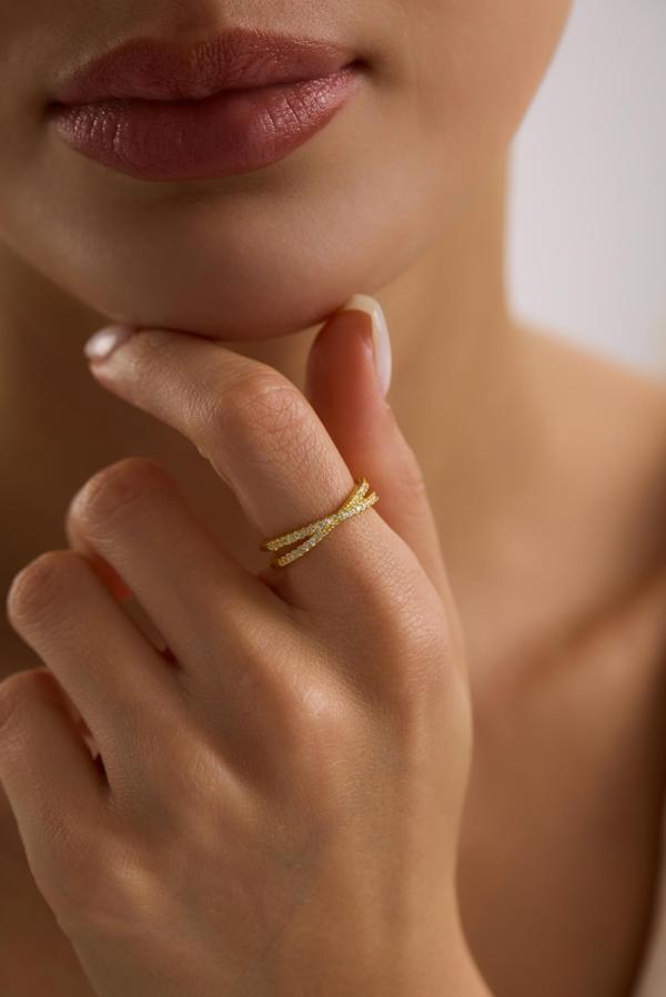 925 Ayar Gümüş Ayarlanabilir Gold Kaplama zirkon Taşlı Çapraz Model Yüzük - Image 1