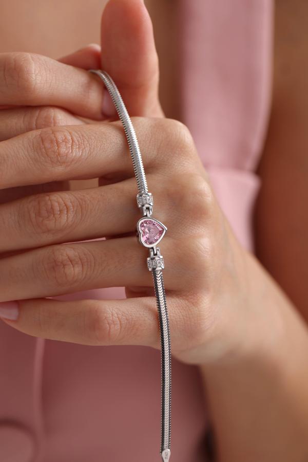 925 Ayar Gümüş Balık Sırtı Model Zincirli Pembe Taşlı Kalp Bileklik  - Image 1