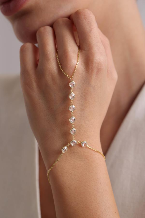 925 Ayar Gümüş Gold Kaplama 5 mm Yuvarlak Sıralı Zirkon Taşlı Şahmeran Bileklik  - Image 1