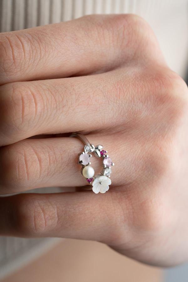 925 Ayar Gümüş Ayarlanabilir Rodyum Kaplama Manolya Çiçeği  Bahar Çiçeği Yüzük - Image 1